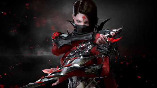 Lost Ark patch notes don't solve disconnect error, no fixes announced: A pale woman with black hair and a mask crosses her arms holding two huge black pointed daggers wearing black armour on a black and grey background