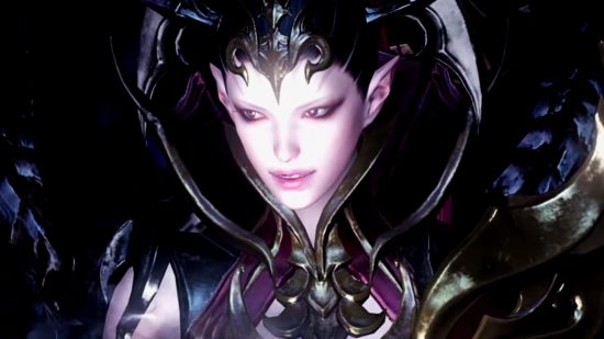 Lost Ark server status - a pale woman with pointed ears in an ornate black and purple outfit complete with spiked helmet