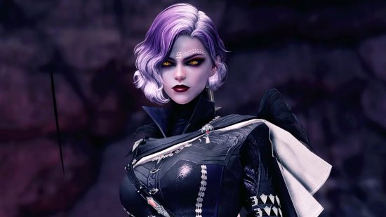 Lost Ark Pheons compensation - a purple-haired Reaper, the new assassin class, in a tight black coat