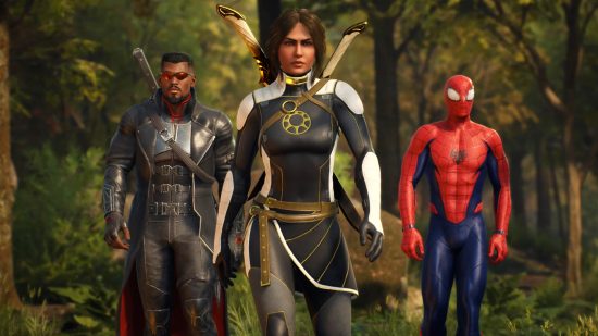 Blade (left), The Hunter (centre), and Spider-Man (right) walking towards the camera in Marvel's Midnight Suns