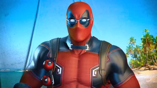 Midnight Suns made Deadpool DLC as he 'sucks the air from the room': Deadpool in his red spandex, sat at a desk with a clear blue sky behind hi, wearing reading glasses
