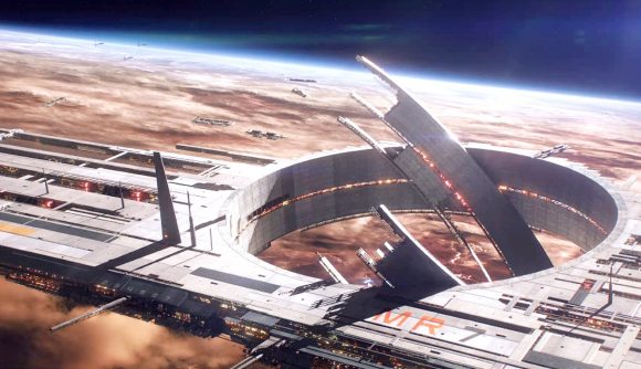 Mass Effect 5 hints: An unfinished mass relay floats in space above a gas-covered planet