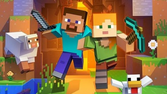 Minecraft 1.19.3 finally has a pre-release and a release date. This image shows Steve and Alex running from a cave.