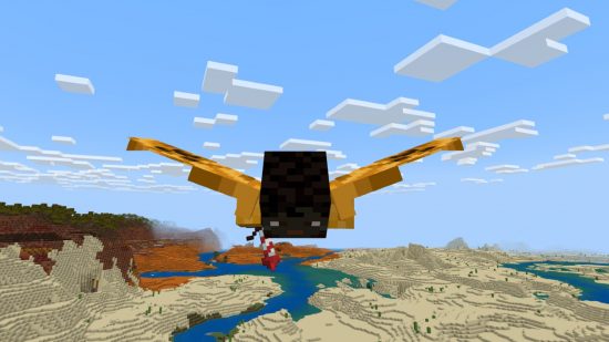 Minecraft Capes: Ένας σχεδιασμός του ακρωτηρίου εξοπλισμένου σε ένα Elytra, που θεωρείται ότι ο παίκτης πετάει στον αέρα