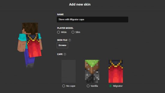 Jubah Minecraft: opsi peluncur untuk mengedit karakter, termasuk opsi untuk mengaktifkan jubah, jubah Migrator, dan jubah Vanilla, dengan model karakter Steve mengenakan jubah Migrator