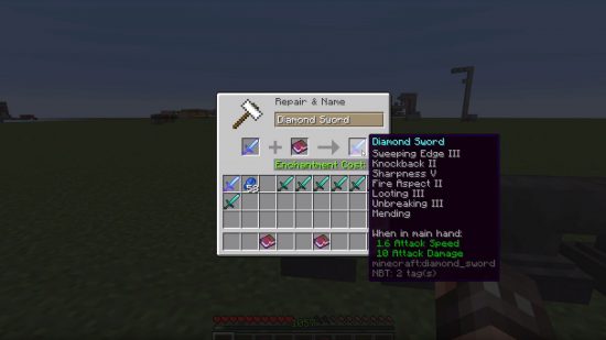 Anvils used for Minecraft enchanting and repairing. The current sword shown has seven enchantments attached to it.