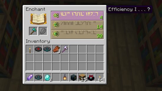 Minecraft enchantments: the enchanting table UI shows a list of three enchantments, all written in the un-translatable enchanting language