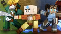 Minecraft map lets you play as the Avatar and friends. This image shows Avatars Kyoshi, Aang, and Korra.
