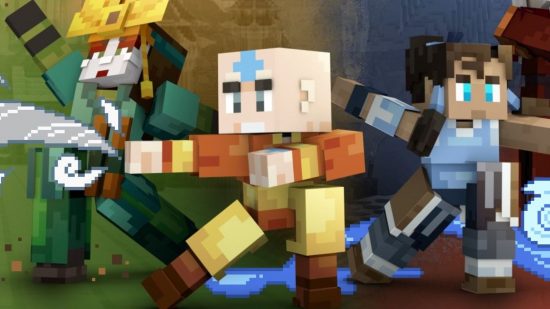 Minecraft map lets you play as the Avatar and friends. This image shows Avatars Kyoshi, Aang, and Korra.