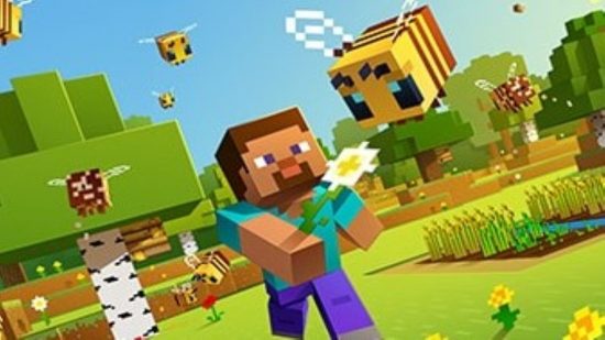Minecraft map helps raise a quarter of a million for charity. This image shows Steve holding a flower towards a bee.