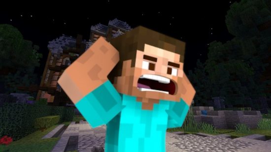 Minecraft map turns haunted house into an escape room. This image shows Steve scared in front of the haunted house.