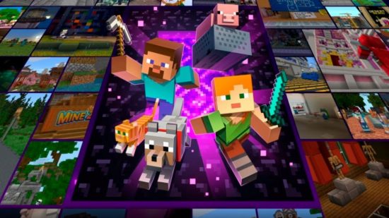 Minecraft maps in realms plus. This image shows Steve, Alex, a cat, a pig, and a dog escaping from a portal.