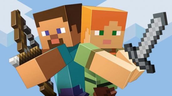 Minecraft mod lets you watch videos on a bookshelf instead of your TV. This image shows Steve and Alex together.