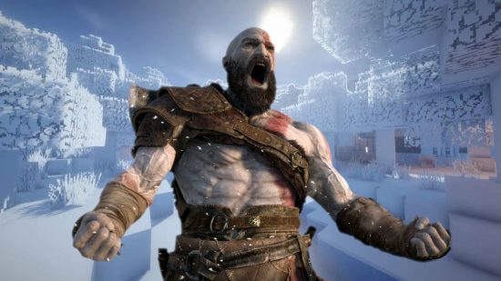 Minecraft skin lets you become the God of War for Ragnarok. This image shows Kratos shouting in front of a snowy Minecraft landscape.