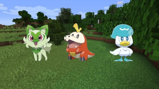 Minecraft skins let you become Pokemon Scarlet and Violet starters. This image shows Sprigatito, Quaxly, and Fuecoco.