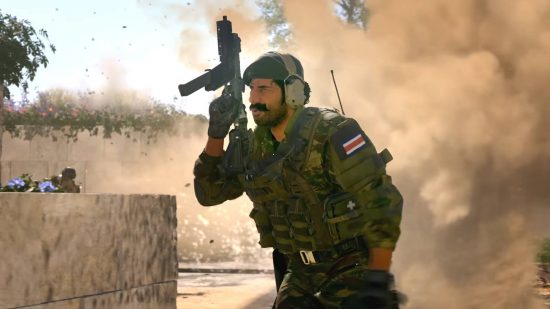 Modern Warfare 2 Season 2 release date: a soldier with a beret and headphones walking away from the dust cloud from an explosion.