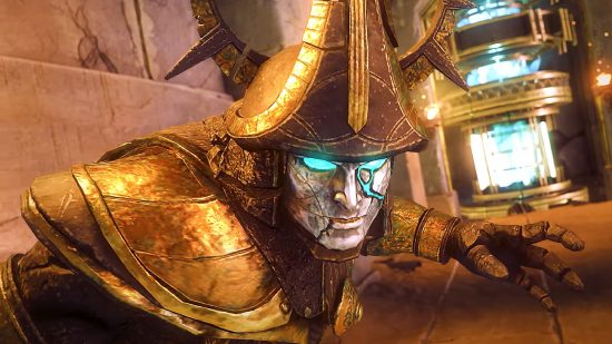 New World player count soars, but so do taxes: A man in golden aztec-style armour with a silver facemask that is cracked beneath the right eye looks into the camera