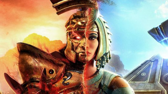 ew World player count Steam: A woman wearing traditional Egyptian outfit had half of her fact covered by traditional gold armour on a futuristic desert background