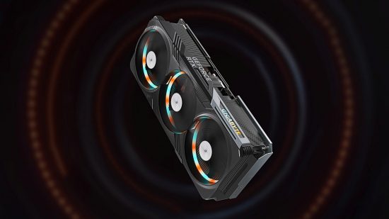 Nvidia GeForce RTX 4070 Ti: A Gigabyte graphics card floats against a dimmed, blurred, background of LED circles