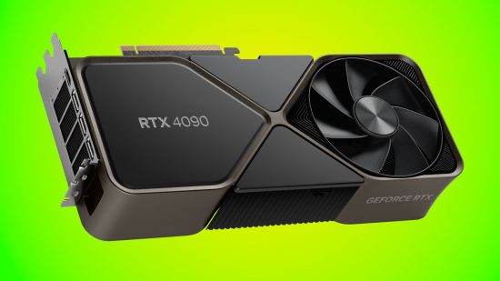 The Nvidia RTX 4090 against a yellow-green two-tone background