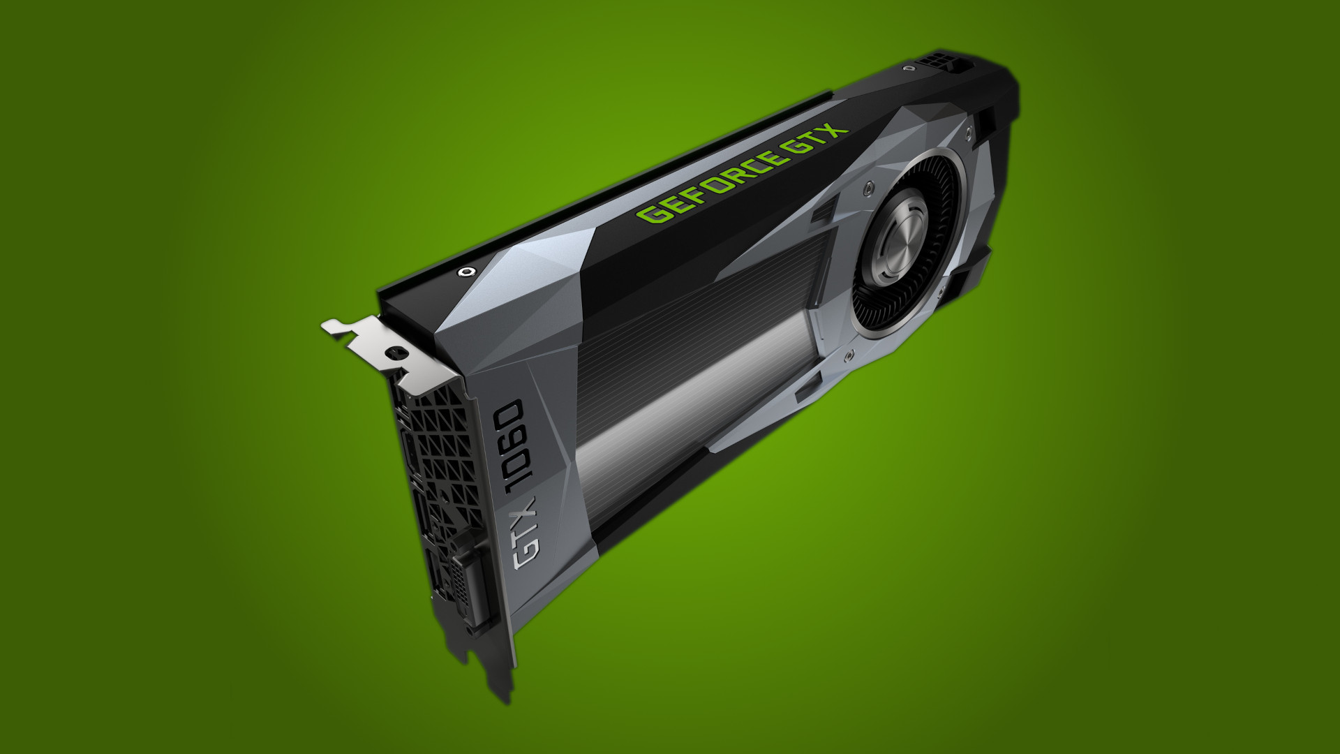 De GeForce GTX 1060 Founders Edition grafische kaart, op een tweekleurige groene achtergrond