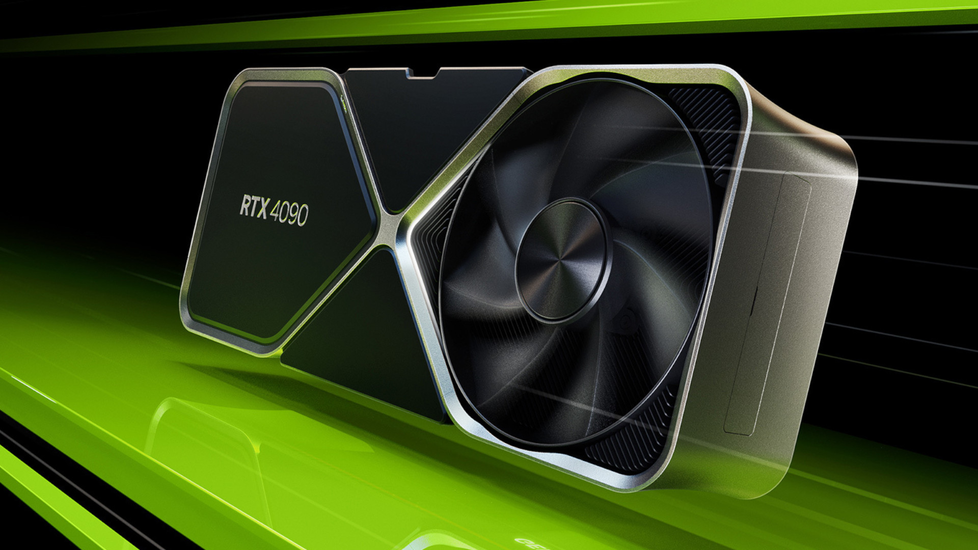 Nvidia GeForce RTX 4090 grafische kaart op een zwarte achtergrond met groene strepen