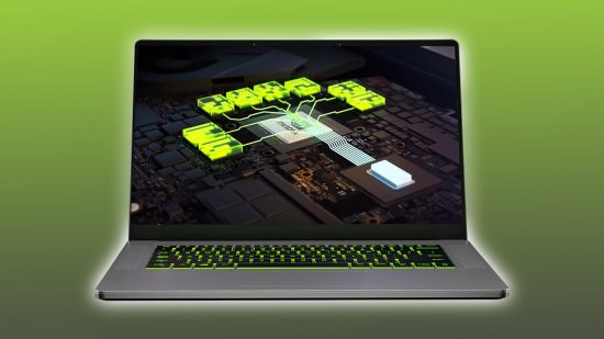 RTX 4000: Nvidia themed laptop with GPU on screen and green traces