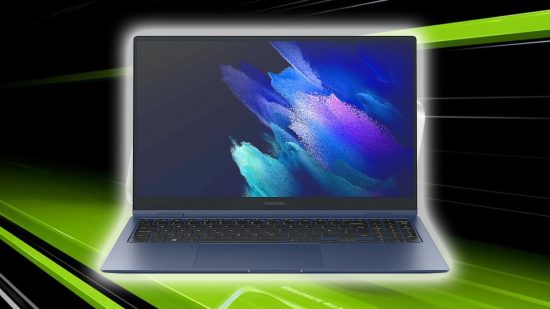 Nvidia RTX 4050: Image of Samsung laptop with green RTX 4000 backdrop