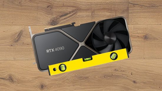 nVIDIA rtx 4090 with wood backdrop and yellow spirit level