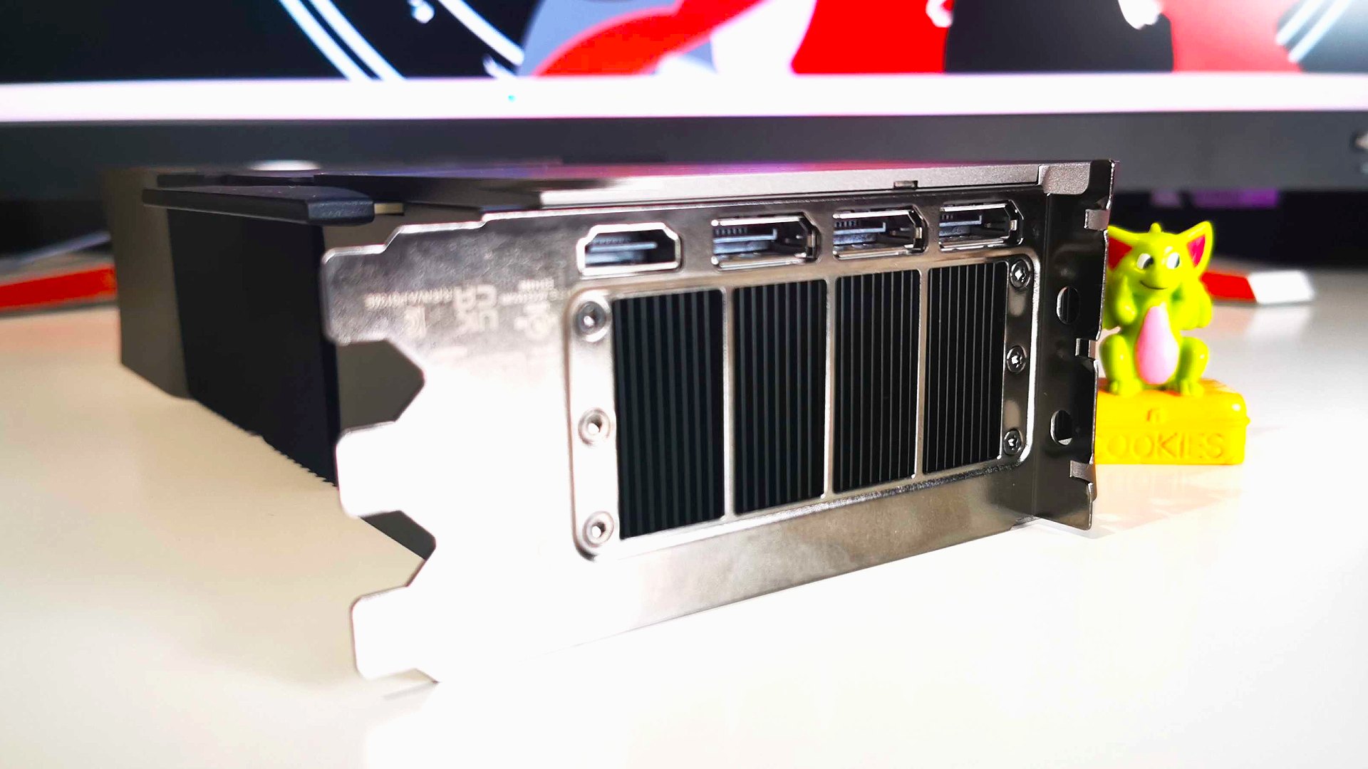 Nvidia RTX 4080 with ports facing camera on white desk