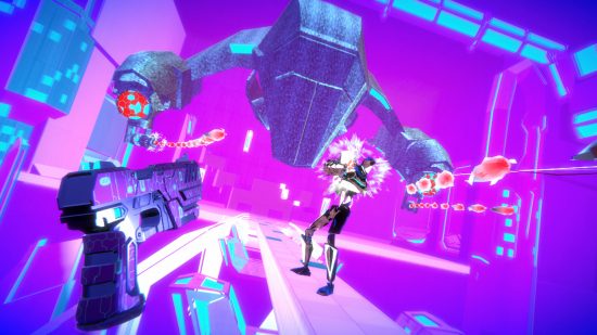 A screenshot from Oculus Quest 2 game Pistol Whip, in which the player is facing down a gunship and enemy in a neon arena
