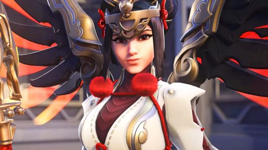 Overwatch 2 bug - Mercy in her white, red, and gold 'Miko' shrine maiden outfit