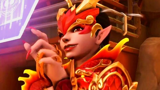 Overwatch 2 Sombra bug - Sombra in her red and gold Shanghai Dragons skin, hacking on a virtual purple terminal