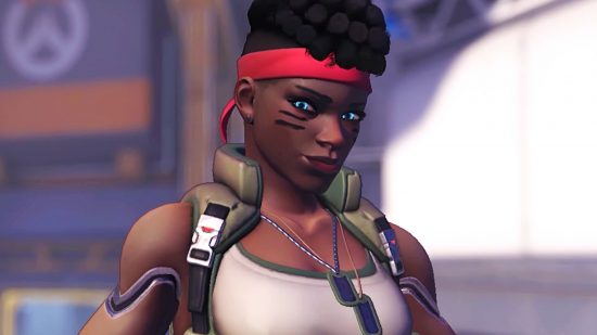 Overwatch 2 patch notes - Sojourn in her 'commando' skin with side shaved hair, red bandana, and white tank top