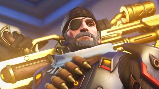 Overwatch 2 sale - Space Raider Soldier: 76, complete with black bandana, eyepatch, grey beard, and a golden rifle