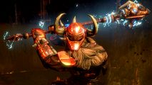 Path of Exile Ruthless mode - a minotaur in an orange helmet swings an electrified two-handed mace
