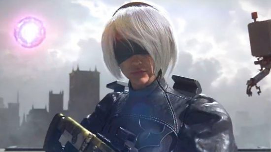 Rainbow Six Siege Nier skin isn't 2B, it's an all-new character: A woman with a short silver bob wears a black mask covering her eyes holding a gun as a robot flies on her right and a red energy orb is on her left