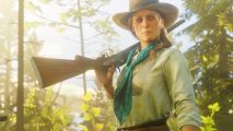 Red Dead Redemption 2 cut content hints at missions canned by Rockstar: A woman in a cowboy hat, Sadie from Red Dead Redemption 2, holds a shotgun over her shoulder