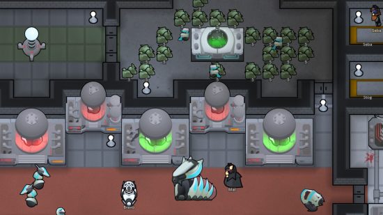 RimWorld update 1.4: Small green creatures cluster around a cloning tank in RimWorld