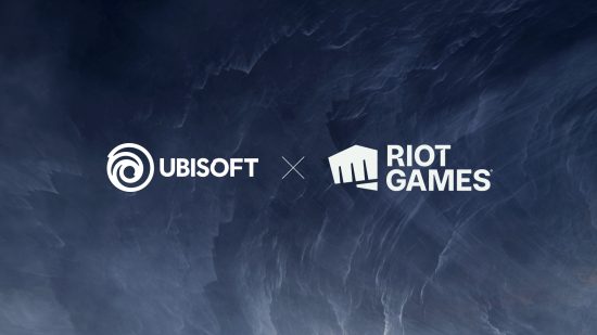The Riot Games and Ubisoft logos on a deep blue cloud background