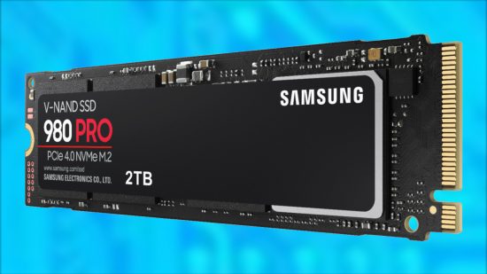 A Samsung 980 Pro 2TB SSD against a blurred blue background