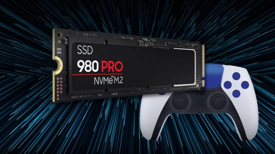 Samsung 980 PRO SSD on a space-based background near a game controller - this is on sale for Black Friday.
