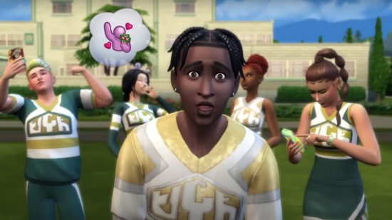 Sims 4 CC adds vast array of diverse hair options, and it's about time: A black male sim looks into the camera with a love moodlet in a college area