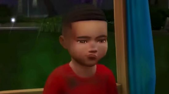 The Sims 4 - an in-game toddler sits alone on a bed looking upset, rain falling behind them, a gentle haze rising from their unwashed clothes