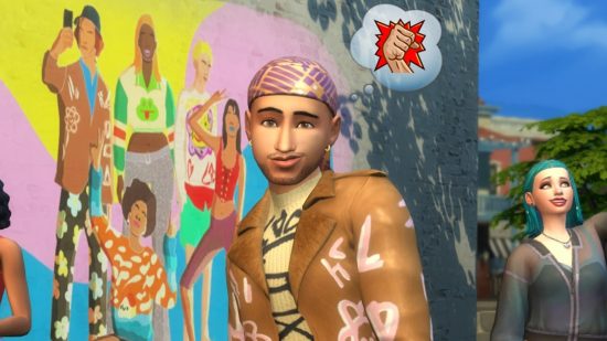 Sims 4 update guts gallery of sweary, "unacceptable content": A tanned man wearing a bandanna stands to the side against a wall of graffiti with a thinking bubble above his head considering punching