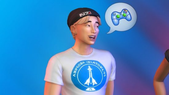An Asian sim with blond hair wearing a Mass Effect N7 hat and white shirt next to a speech bubble showing a classic game controller