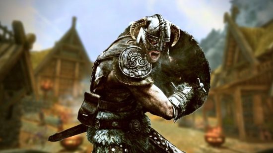 : Фонът е леко замъглено изображение на входа на Whiterun на Skyrim, с драконово брониран нагоре и на преден план, вика и готов за битка