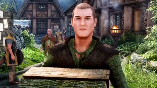 Skyrim mod Regional Sounds Expansion - a man with a shaved head carries a large box through a bustling fantasy town in the Bethesda RPG