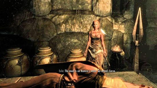 Best cannibal games: Eola standing over the body of Verulus in the Taste of Death quest in The Elder Scrolls: Skyrim, who is required to die for the Ring of Namira, one of the best Daedric artifacts in the game.