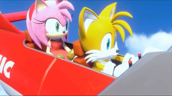 Sonic Frontiers characters cast: Amy Rose and Tails are flying in a red airplane with Sonic's name painted on the side.